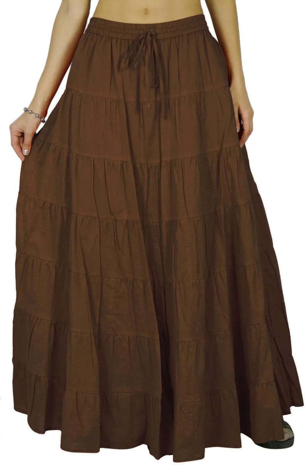 Women's 100% Cotton Skirts Tiered A Line Long Skirts Maxi Elastic High Waist Summer Trendy Flowy Boho Drawstring Skirt