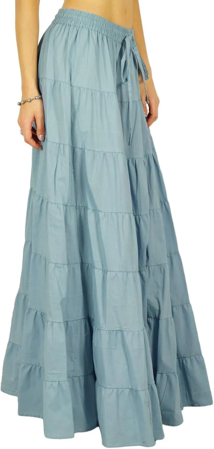 Women's 100% Cotton Skirts Tiered A Line Long Skirts Maxi Elastic High Waist Summer Trendy Flowy Boho Drawstring Skirt