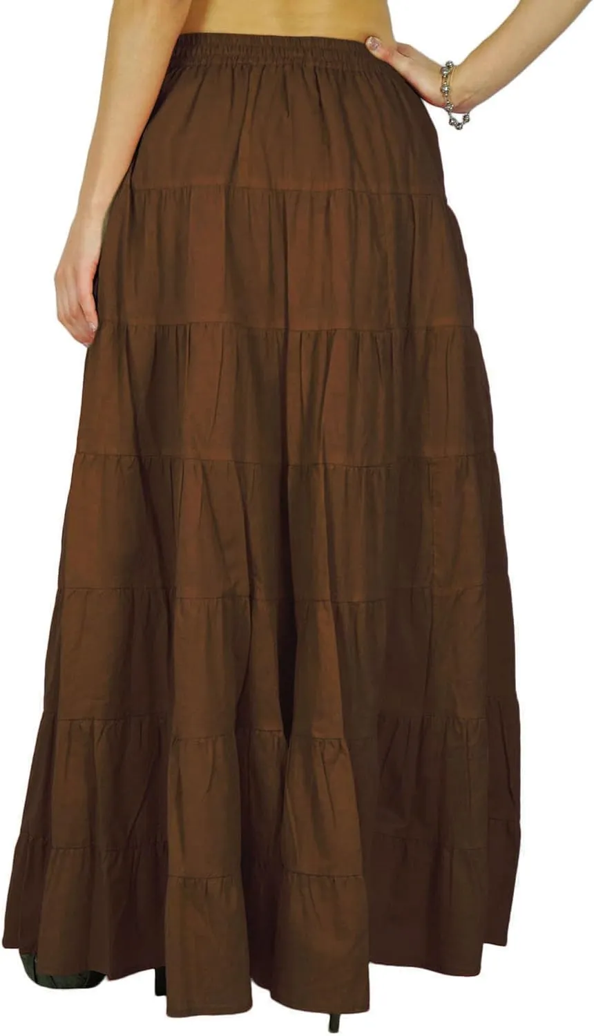 Women's 100% Cotton Skirts Tiered A Line Long Skirts Maxi Elastic High Waist Summer Trendy Flowy Boho Drawstring Skirt