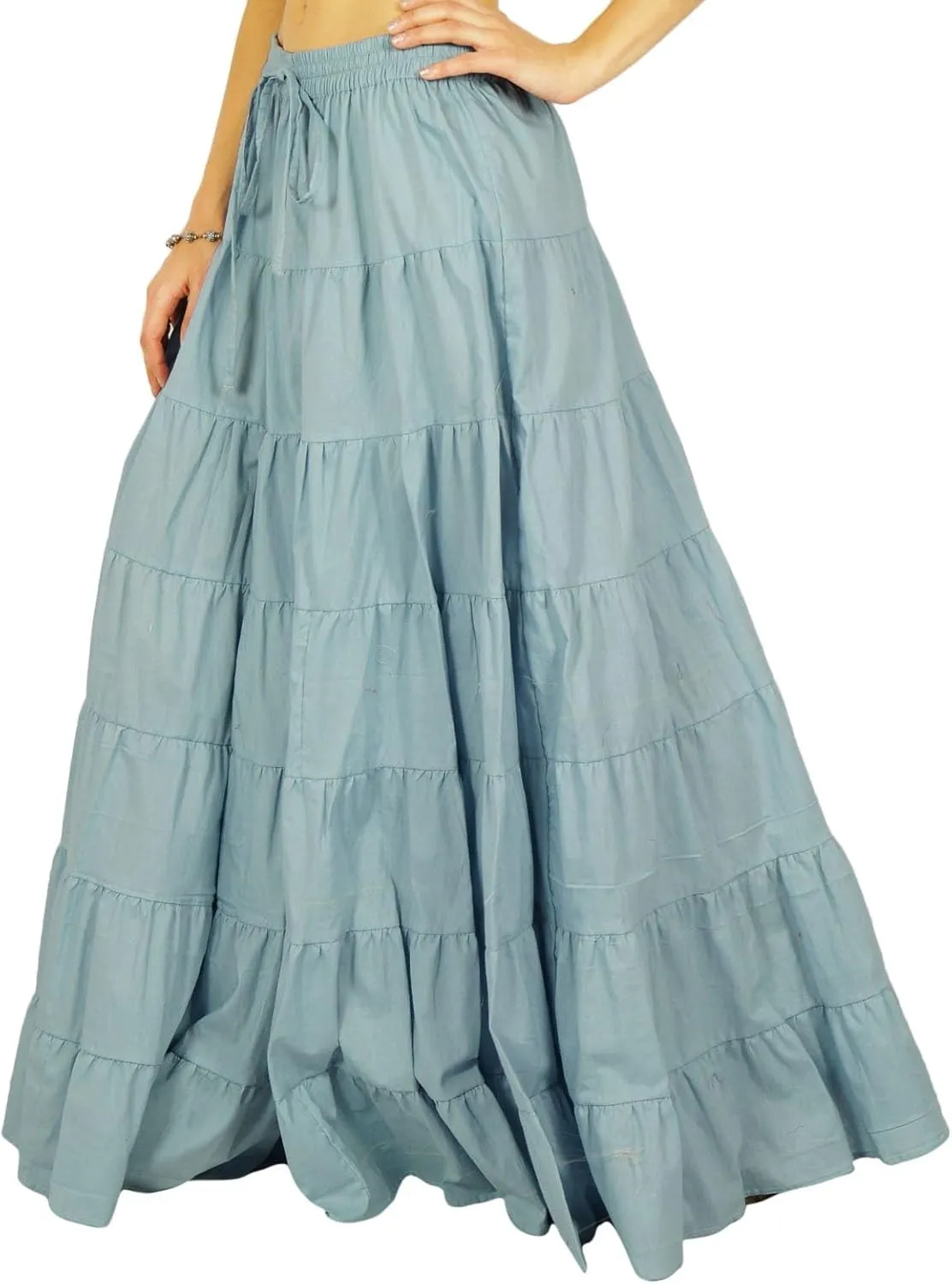 Women's 100% Cotton Skirts Tiered A Line Long Skirts Maxi Elastic High Waist Summer Trendy Flowy Boho Drawstring Skirt