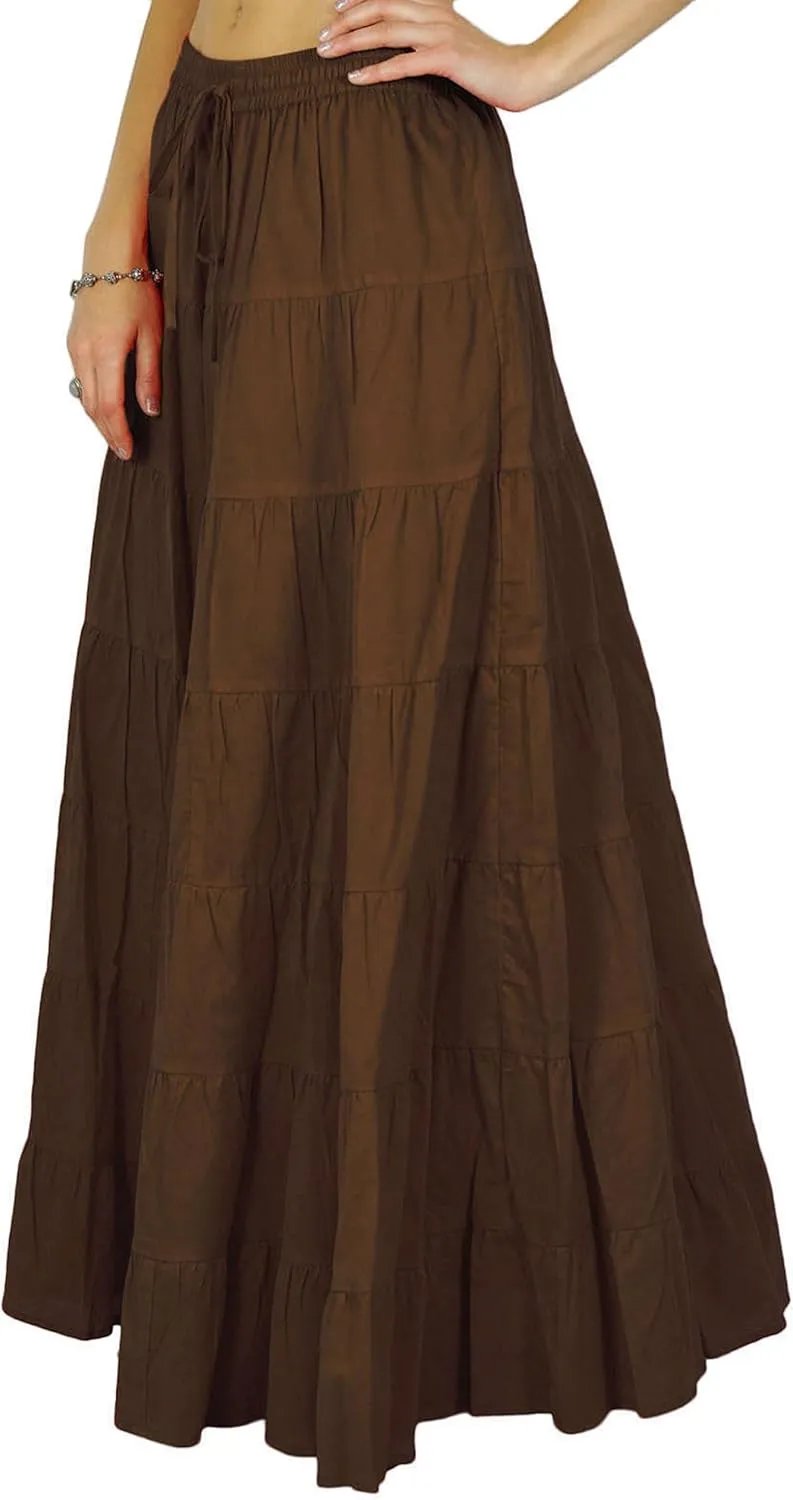 Women's 100% Cotton Skirts Tiered A Line Long Skirts Maxi Elastic High Waist Summer Trendy Flowy Boho Drawstring Skirt