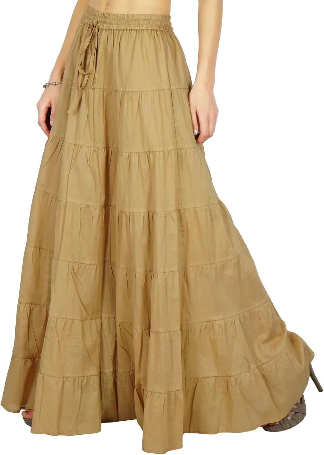 Women's 100% Cotton Skirts Tiered A Line Long Skirts Maxi Elastic High Waist Summer Trendy Flowy Boho Drawstring Skirt