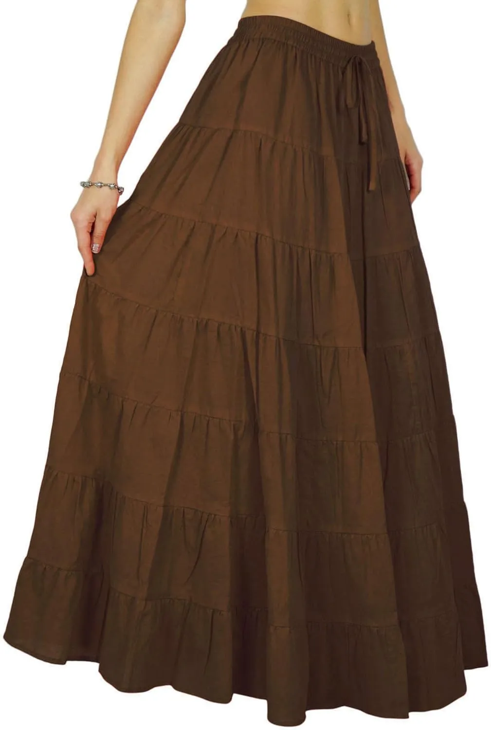 Women's 100% Cotton Skirts Tiered A Line Long Skirts Maxi Elastic High Waist Summer Trendy Flowy Boho Drawstring Skirt