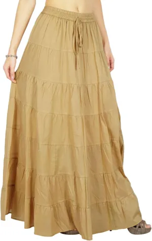 Women's 100% Cotton Skirts Tiered A Line Long Skirts Maxi Elastic High Waist Summer Trendy Flowy Boho Drawstring Skirt