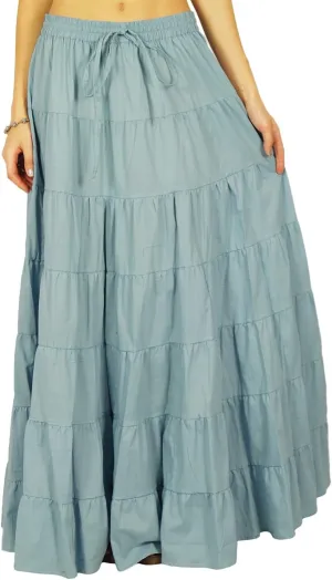 Women's 100% Cotton Skirts Tiered A Line Long Skirts Maxi Elastic High Waist Summer Trendy Flowy Boho Drawstring Skirt