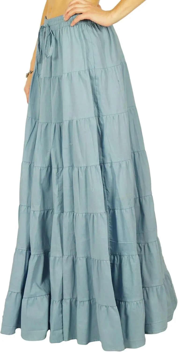 Women's 100% Cotton Skirts Tiered A Line Long Skirts Maxi Elastic High Waist Summer Trendy Flowy Boho Drawstring Skirt