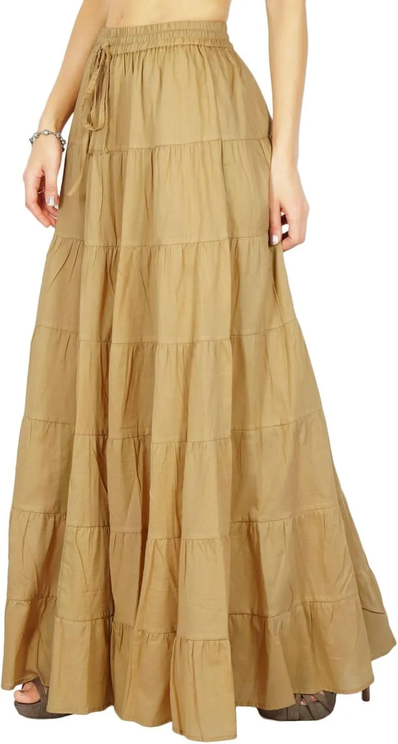 Women's 100% Cotton Skirts Tiered A Line Long Skirts Maxi Elastic High Waist Summer Trendy Flowy Boho Drawstring Skirt