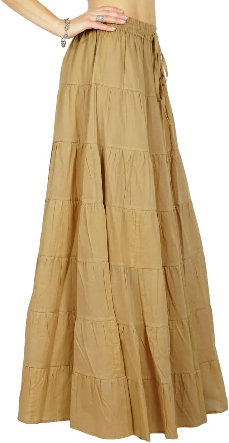 Women's 100% Cotton Skirts Tiered A Line Long Skirts Maxi Elastic High Waist Summer Trendy Flowy Boho Drawstring Skirt