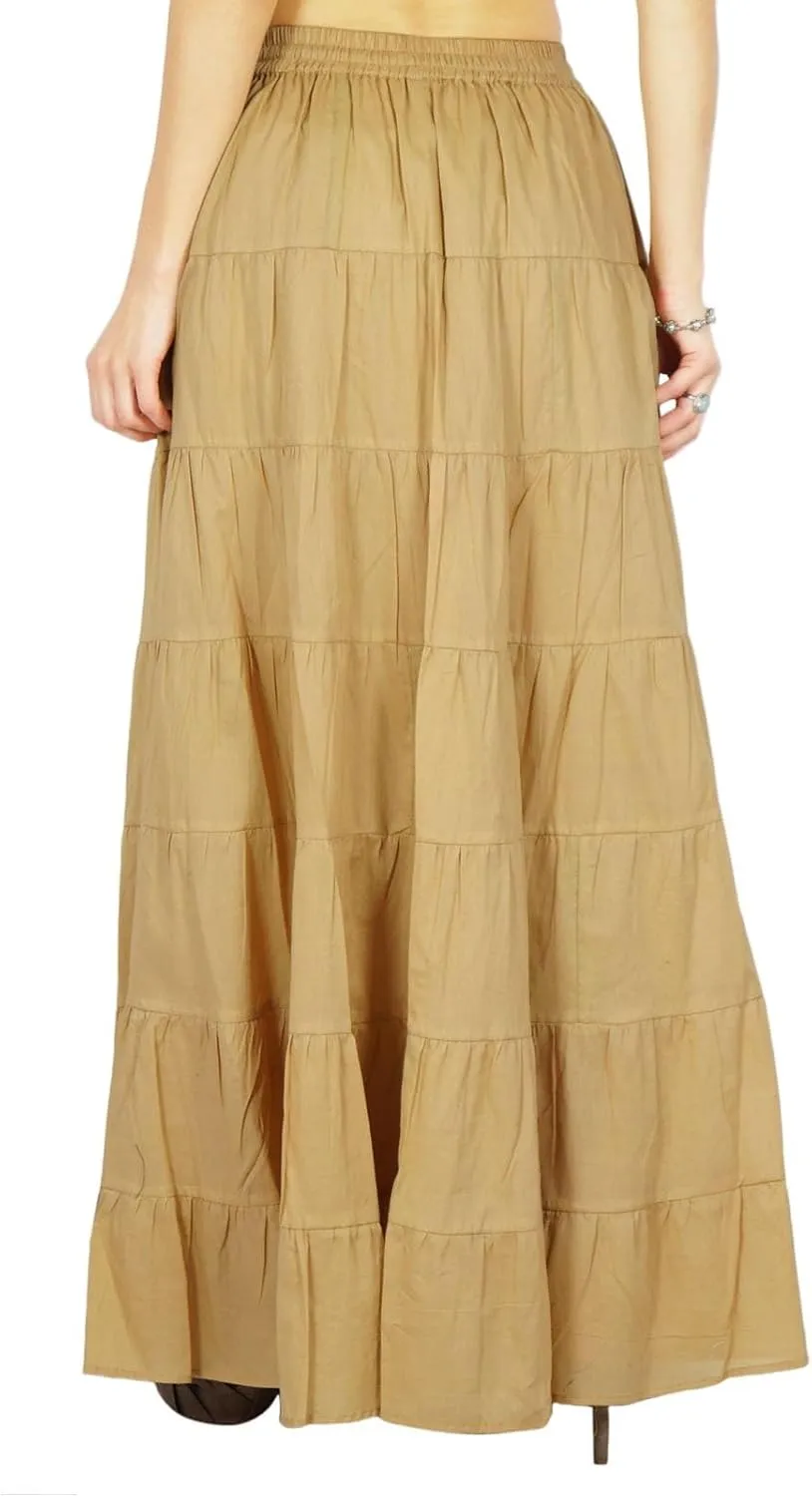 Women's 100% Cotton Skirts Tiered A Line Long Skirts Maxi Elastic High Waist Summer Trendy Flowy Boho Drawstring Skirt