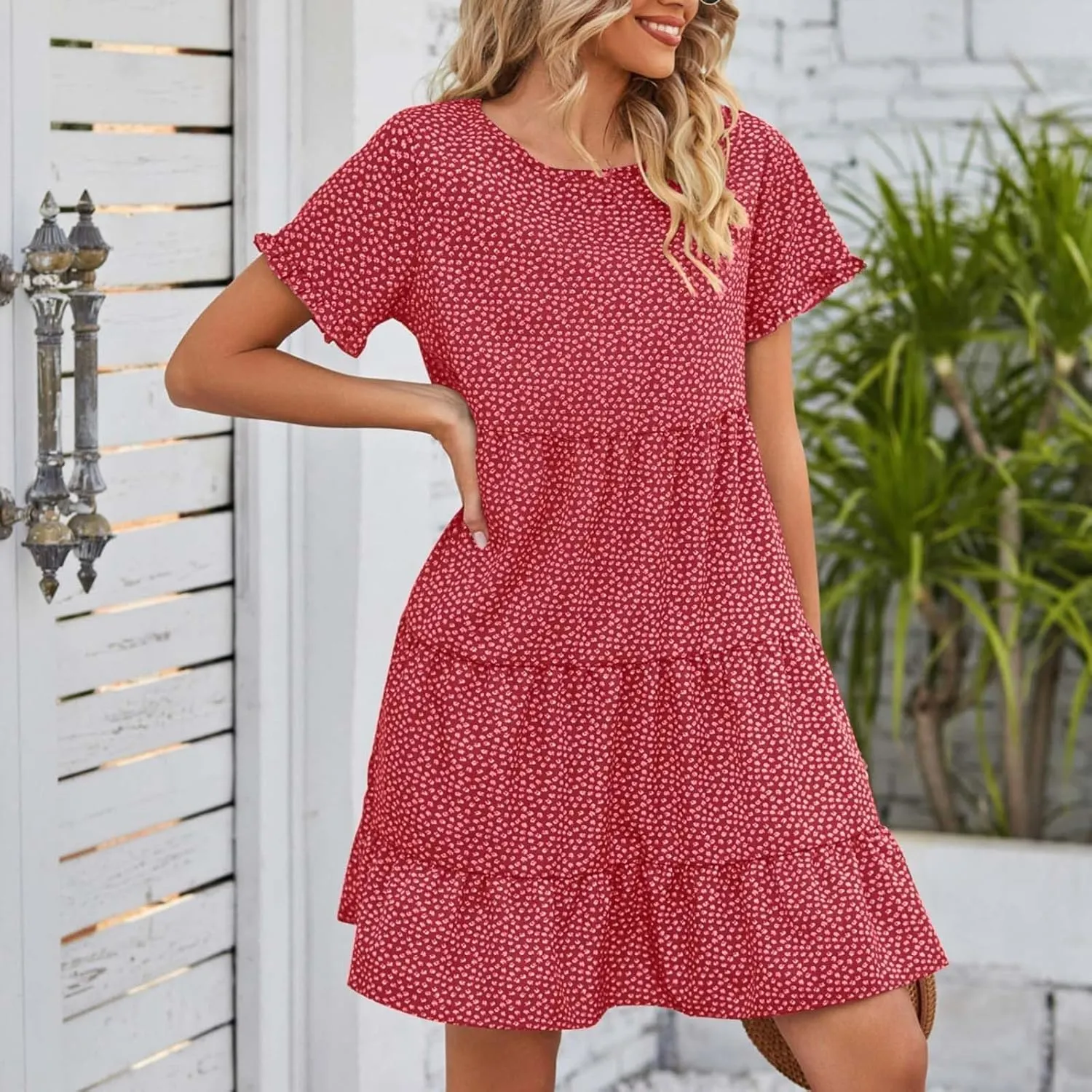 Women's 2024 Summer Casual Dress Ruffle Short Sleeves Floral Print Round Neck Loose Pleated Tiered Mini Dresses