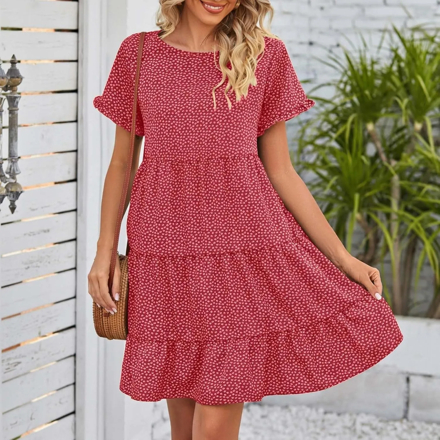 Women's 2024 Summer Casual Dress Ruffle Short Sleeves Floral Print Round Neck Loose Pleated Tiered Mini Dresses