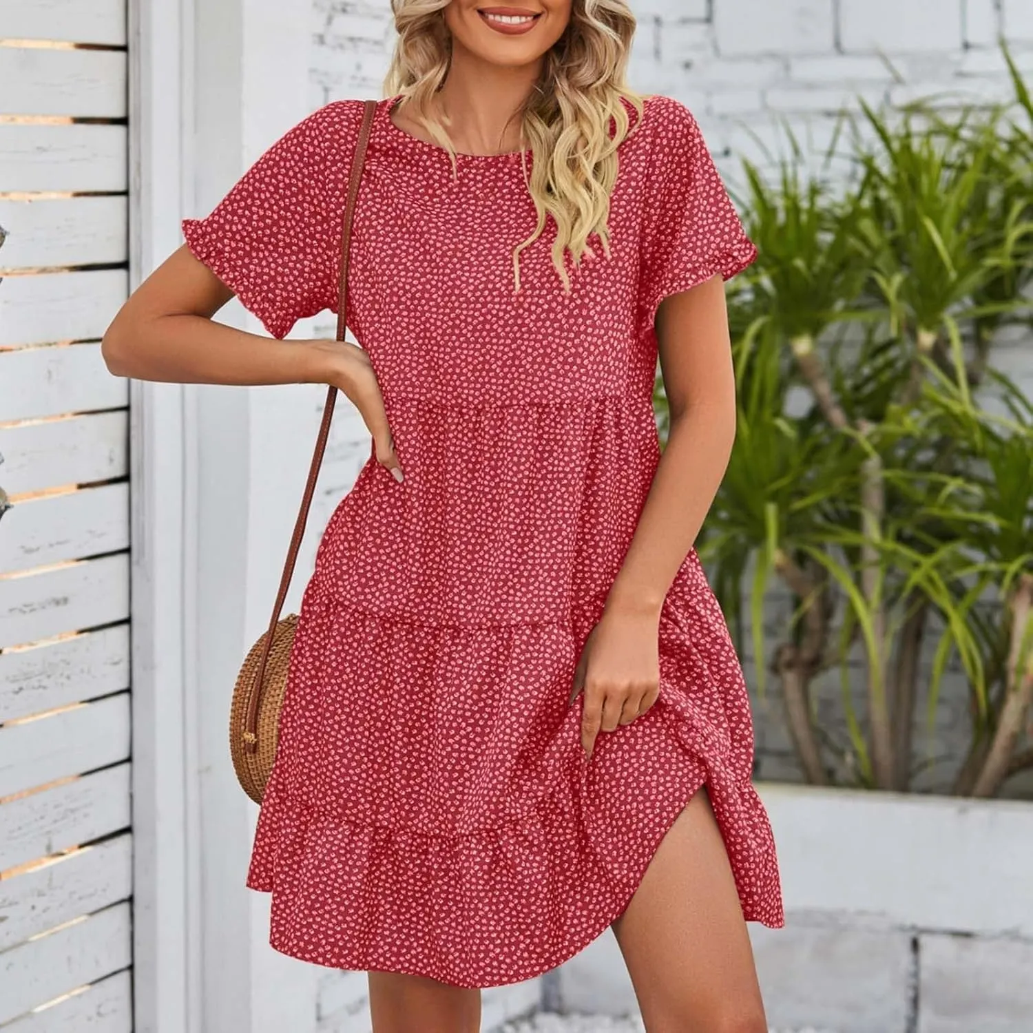 Women's 2024 Summer Casual Dress Ruffle Short Sleeves Floral Print Round Neck Loose Pleated Tiered Mini Dresses