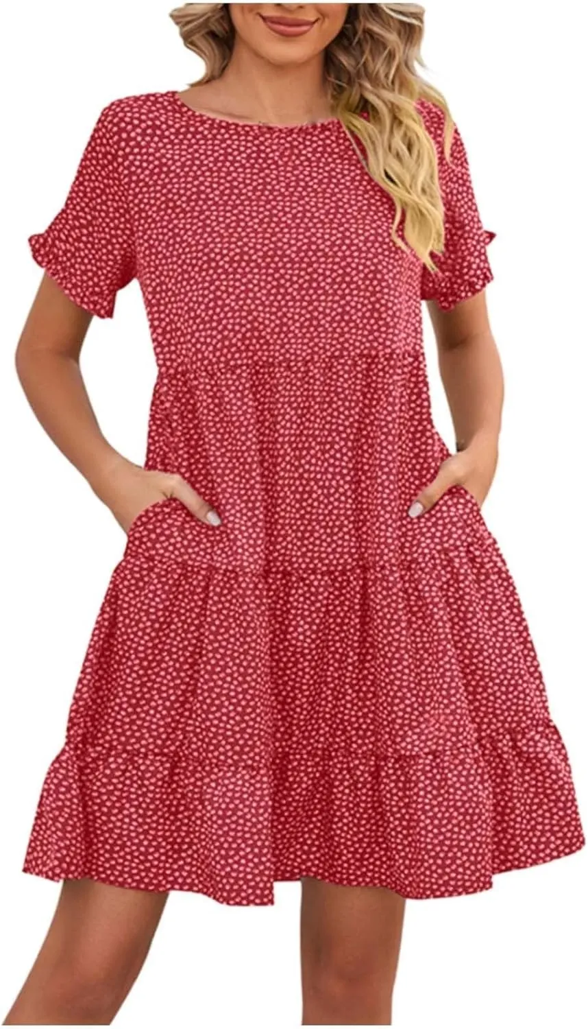 Women's 2024 Summer Casual Dress Ruffle Short Sleeves Floral Print Round Neck Loose Pleated Tiered Mini Dresses