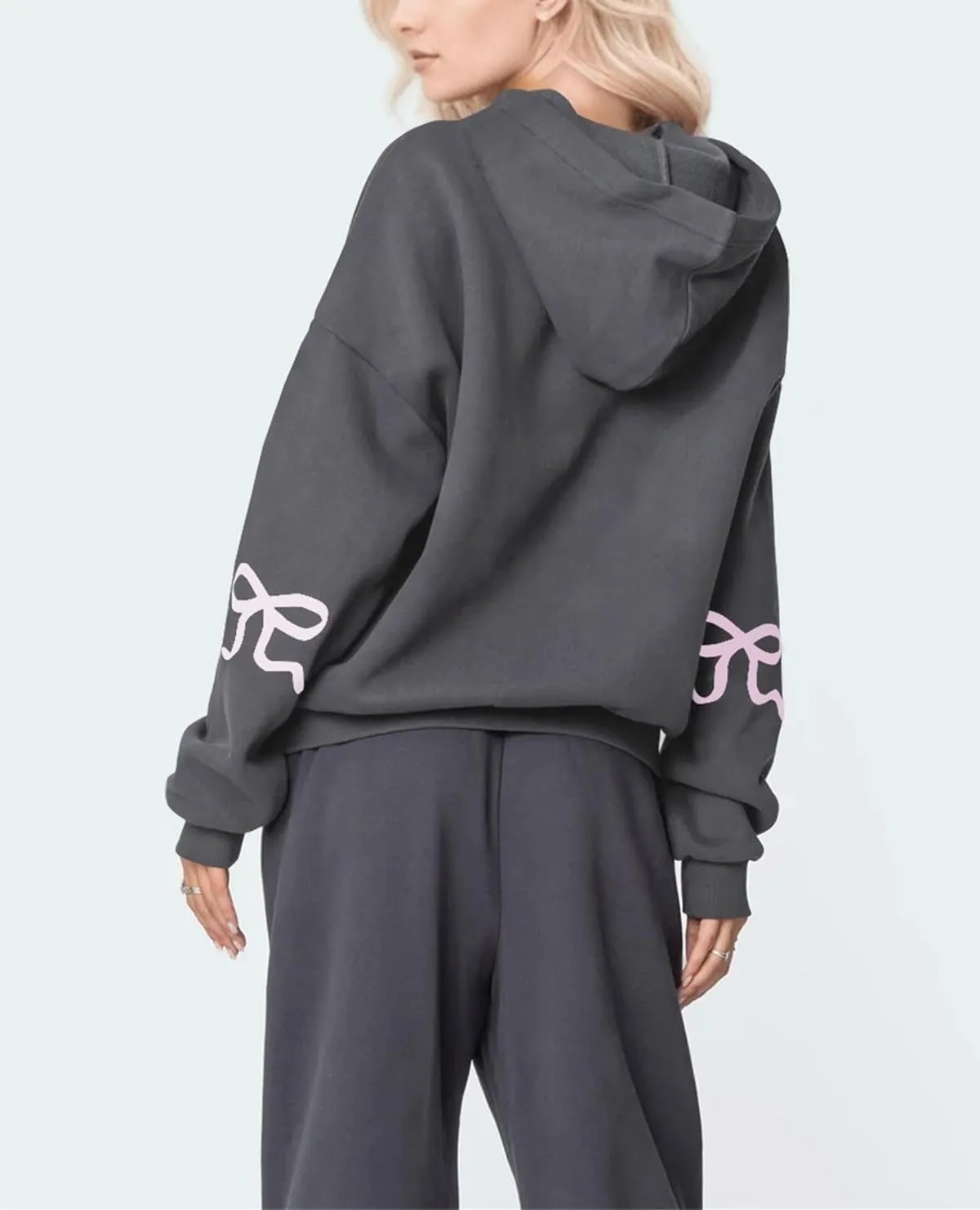 Women's Bow Print Hoodies Oversized Long Sleeve Drop Shoulder Casual Pullover Top Y2k Hooded Sweatshirts Streetwear