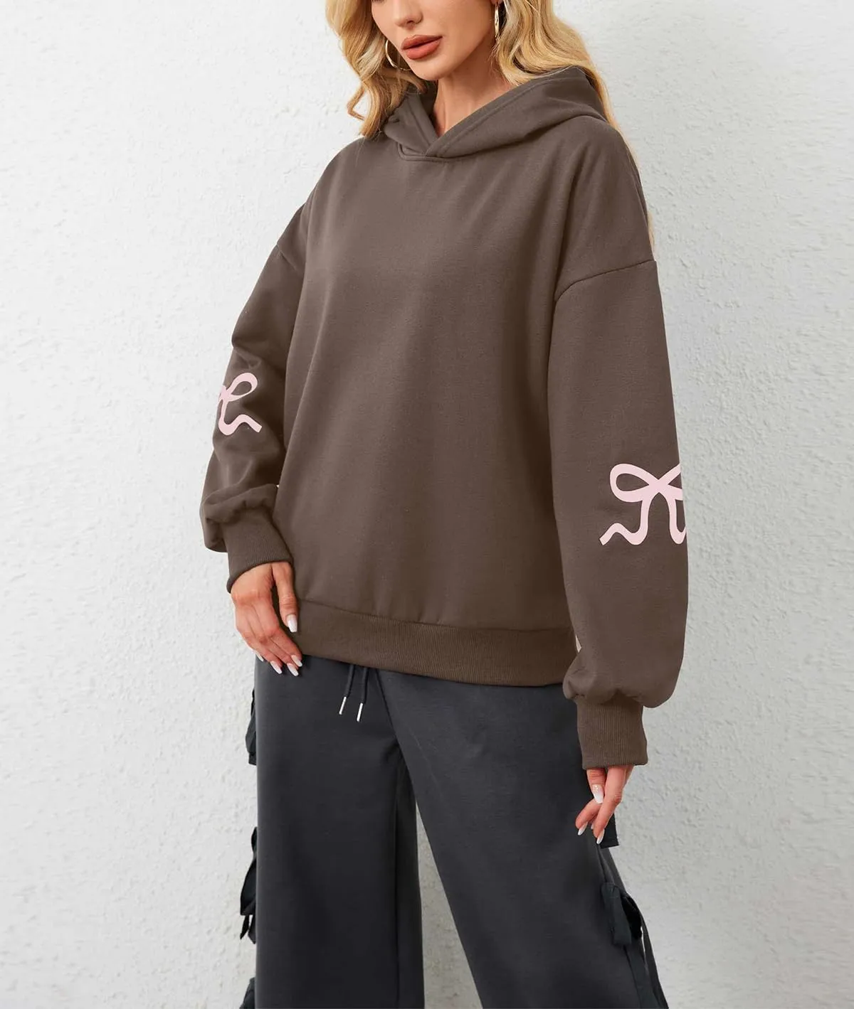 Women's Bow Print Hoodies Oversized Long Sleeve Drop Shoulder Casual Pullover Top Y2k Hooded Sweatshirts Streetwear