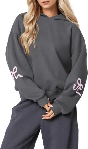 Women's Bow Print Hoodies Oversized Long Sleeve Drop Shoulder Casual Pullover Top Y2k Hooded Sweatshirts Streetwear