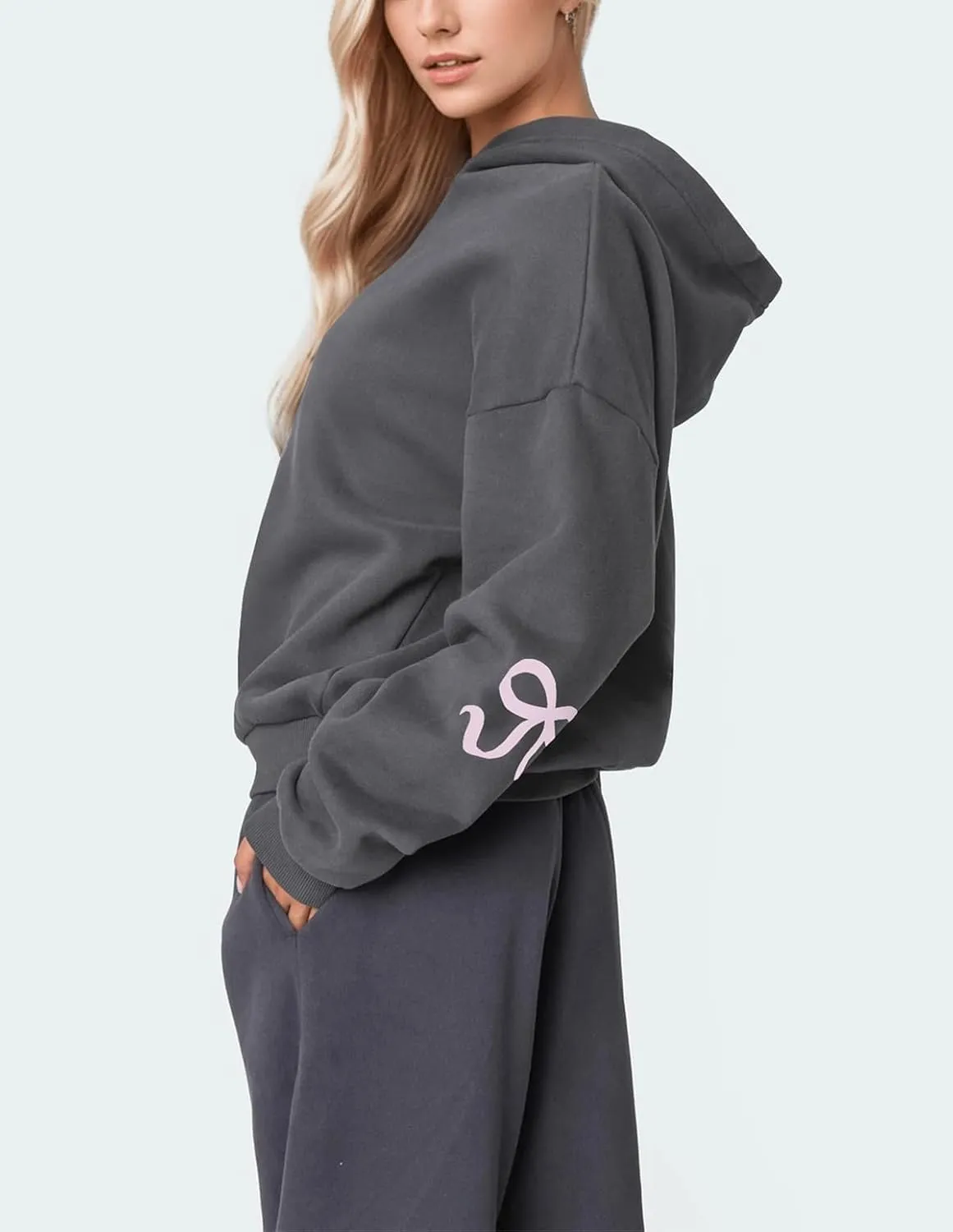 Women's Bow Print Hoodies Oversized Long Sleeve Drop Shoulder Casual Pullover Top Y2k Hooded Sweatshirts Streetwear