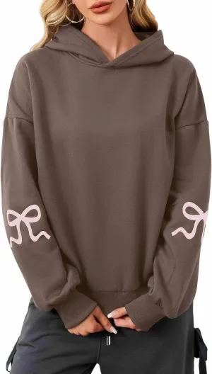 Women's Bow Print Hoodies Oversized Long Sleeve Drop Shoulder Casual Pullover Top Y2k Hooded Sweatshirts Streetwear