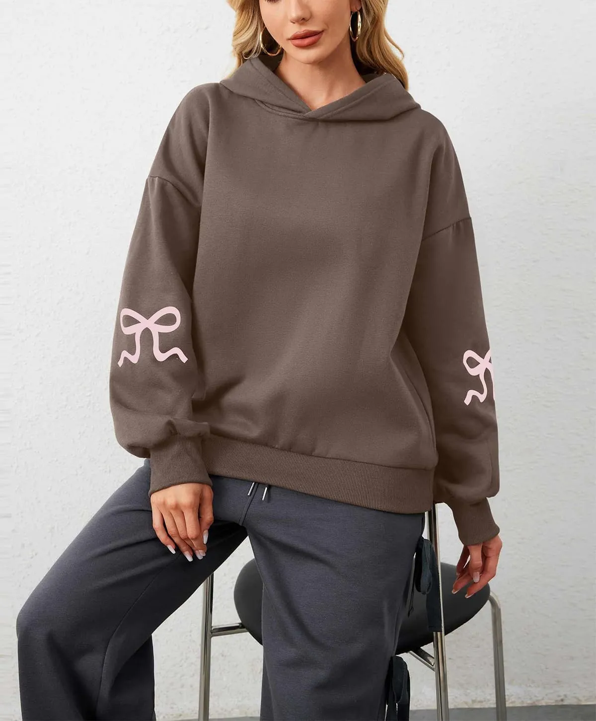 Women's Bow Print Hoodies Oversized Long Sleeve Drop Shoulder Casual Pullover Top Y2k Hooded Sweatshirts Streetwear