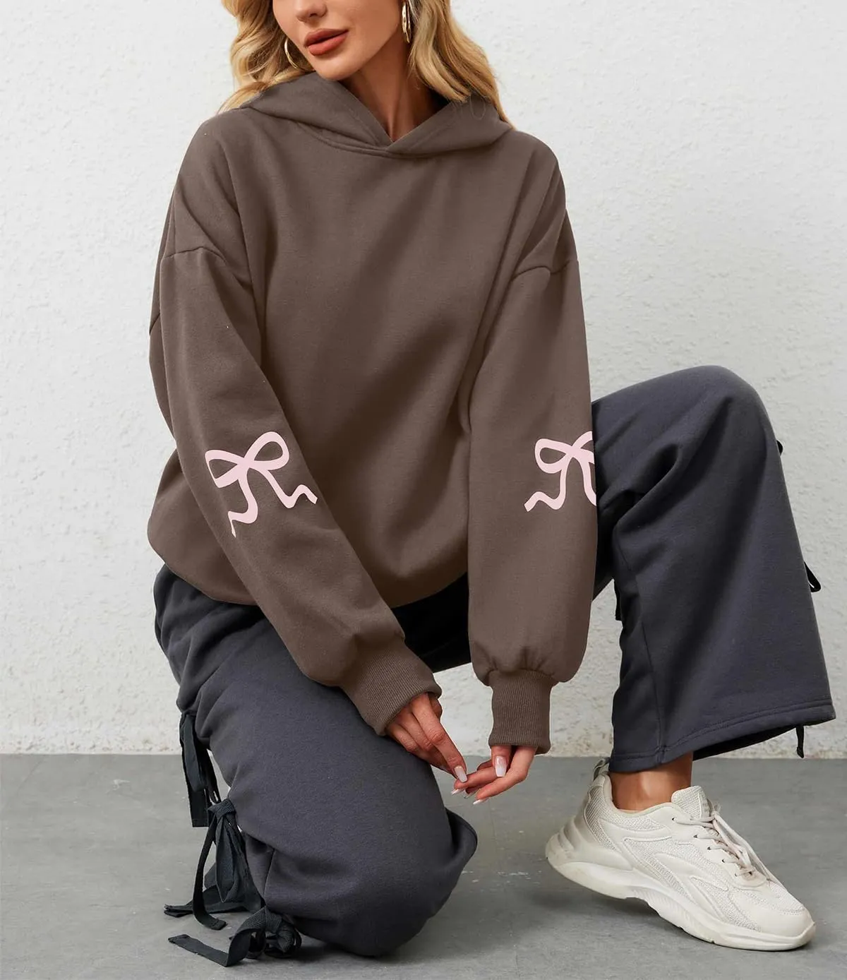 Women's Bow Print Hoodies Oversized Long Sleeve Drop Shoulder Casual Pullover Top Y2k Hooded Sweatshirts Streetwear