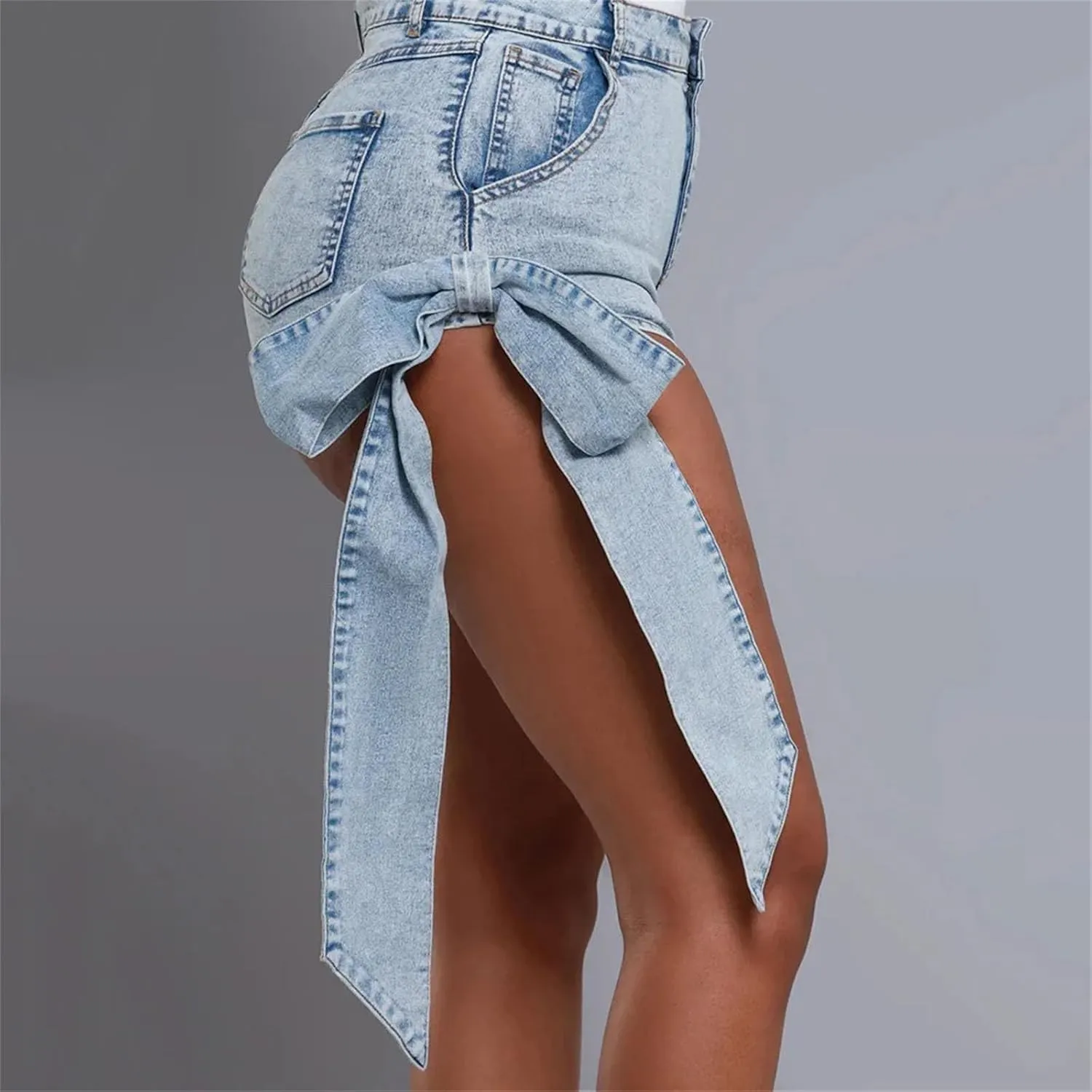 Women's Bow Tie Lace Up Elastic Denim Shorts Retro Style Street Washed Fashion Skinny Hot Pants