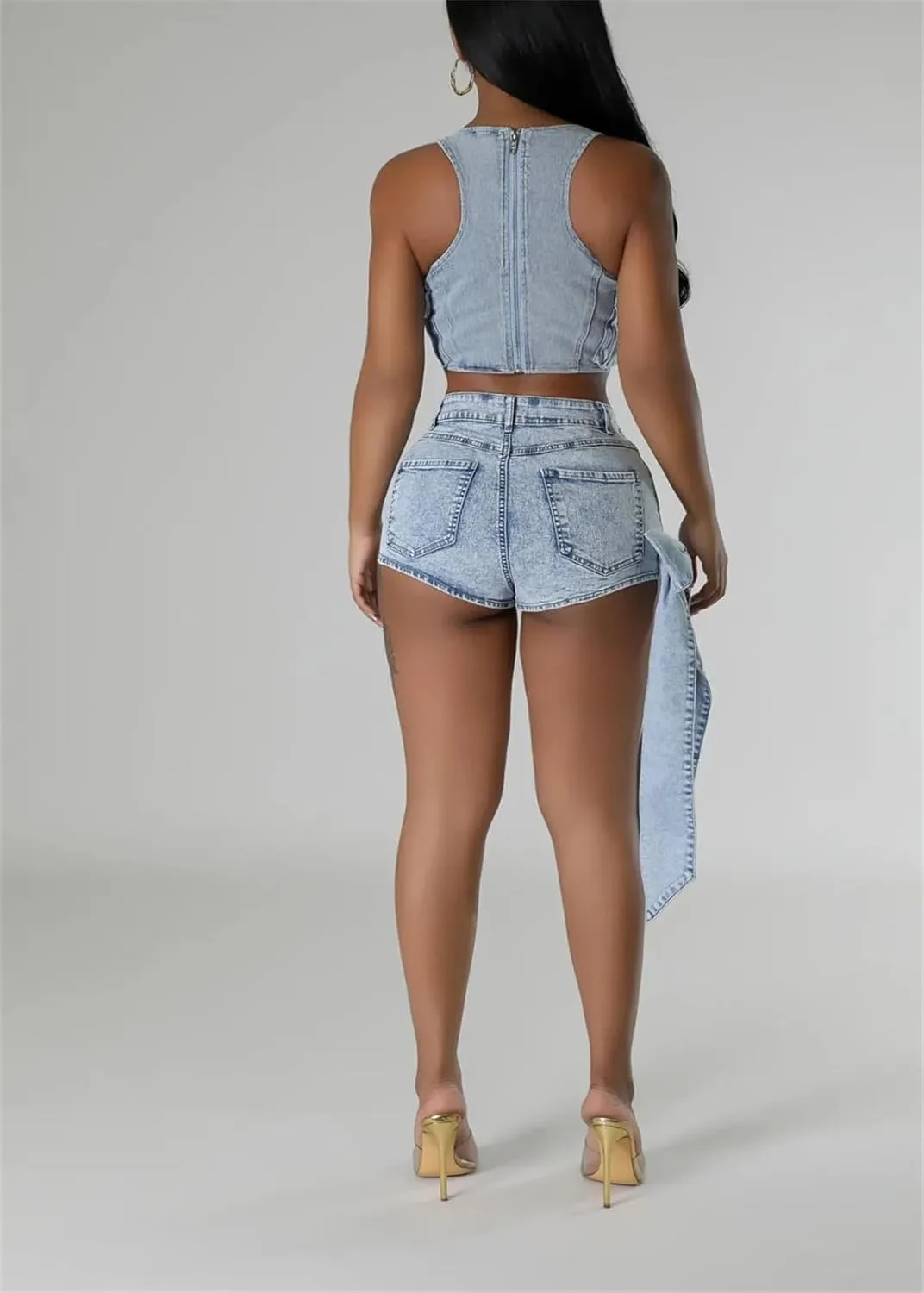 Women's Bow Tie Lace Up Elastic Denim Shorts Retro Style Street Washed Fashion Skinny Hot Pants