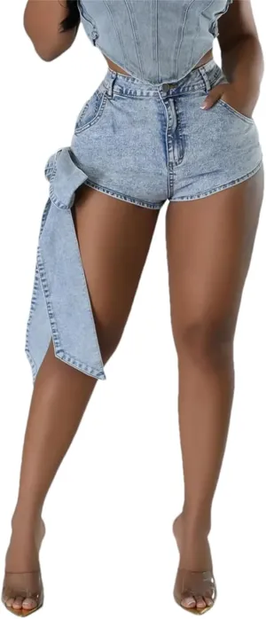 Women's Bow Tie Lace Up Elastic Denim Shorts Retro Style Street Washed Fashion Skinny Hot Pants