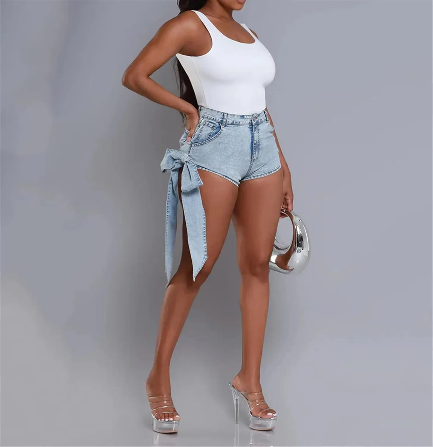 Women's Bow Tie Lace Up Elastic Denim Shorts Retro Style Street Washed Fashion Skinny Hot Pants