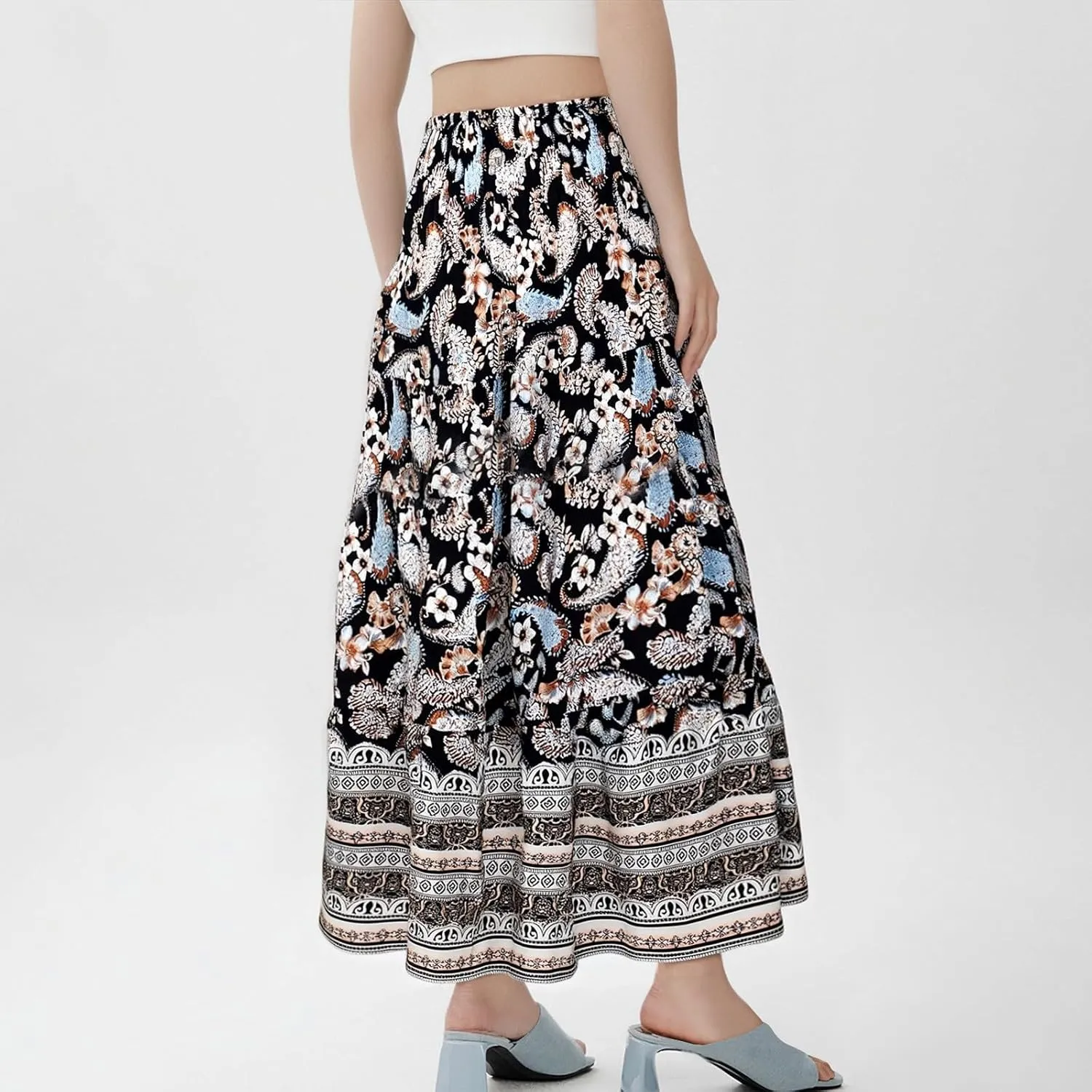 Womens Casual Boho High Waisted Flowy Maxi Skirts 2025 Summer Trendy Floral A Line Tiered Long Skirt