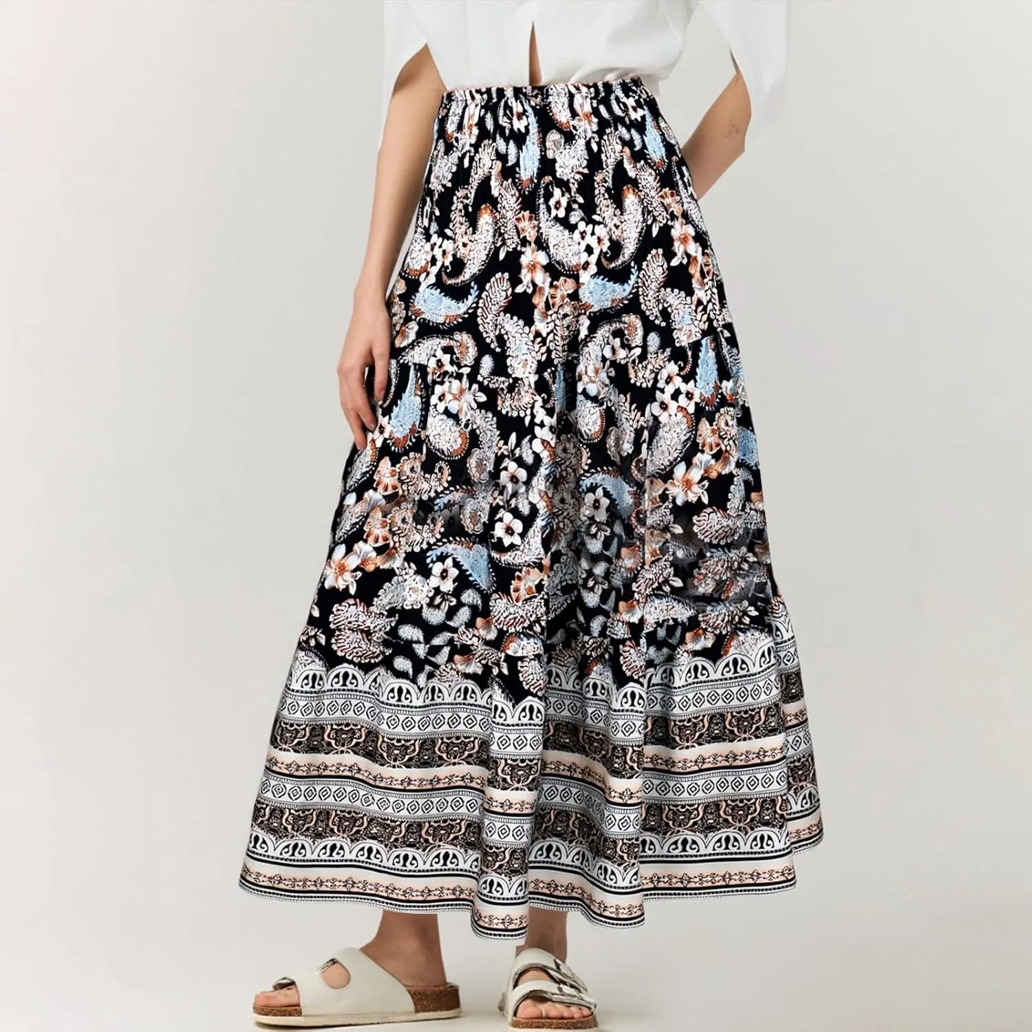 Womens Casual Boho High Waisted Flowy Maxi Skirts 2025 Summer Trendy Floral A Line Tiered Long Skirt