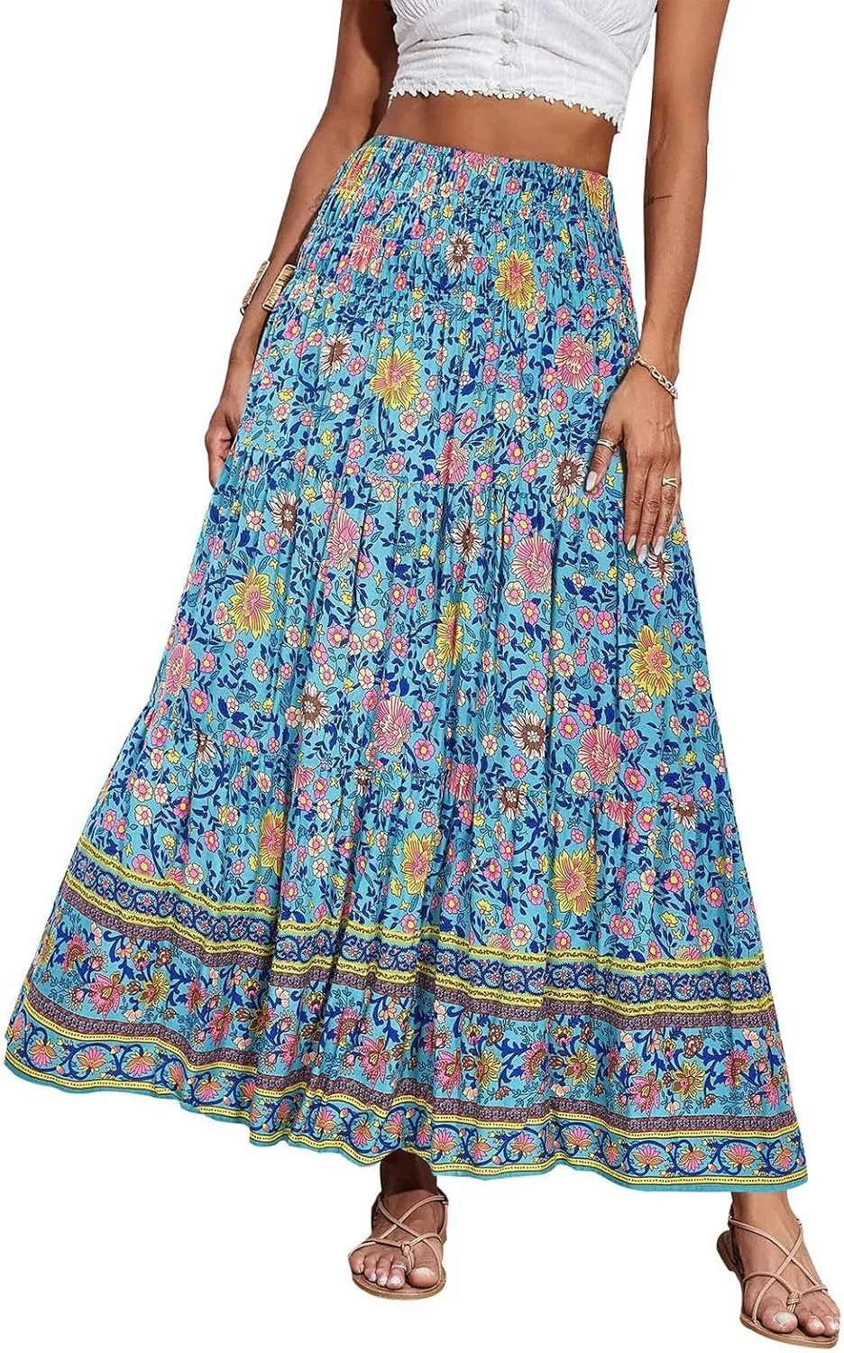 Womens Casual Boho High Waisted Flowy Maxi Skirts 2025 Summer Trendy Floral A Line Tiered Long Skirt