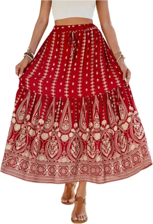 Womens Casual Boho High Waisted Flowy Maxi Skirts 2025 Summer Trendy Floral A Line Tiered Long Skirt
