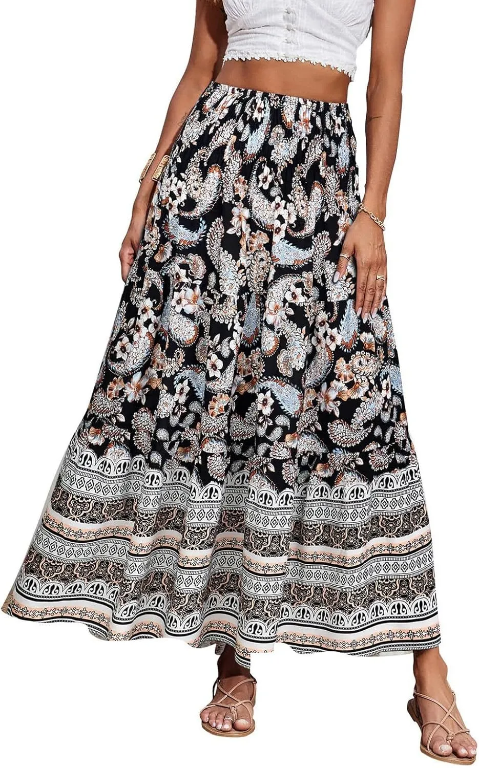 Womens Casual Boho High Waisted Flowy Maxi Skirts 2025 Summer Trendy Floral A Line Tiered Long Skirt