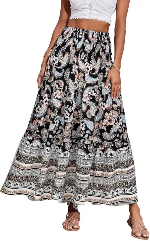 Womens Casual Boho High Waisted Flowy Maxi Skirts 2025 Summer Trendy Floral A Line Tiered Long Skirt