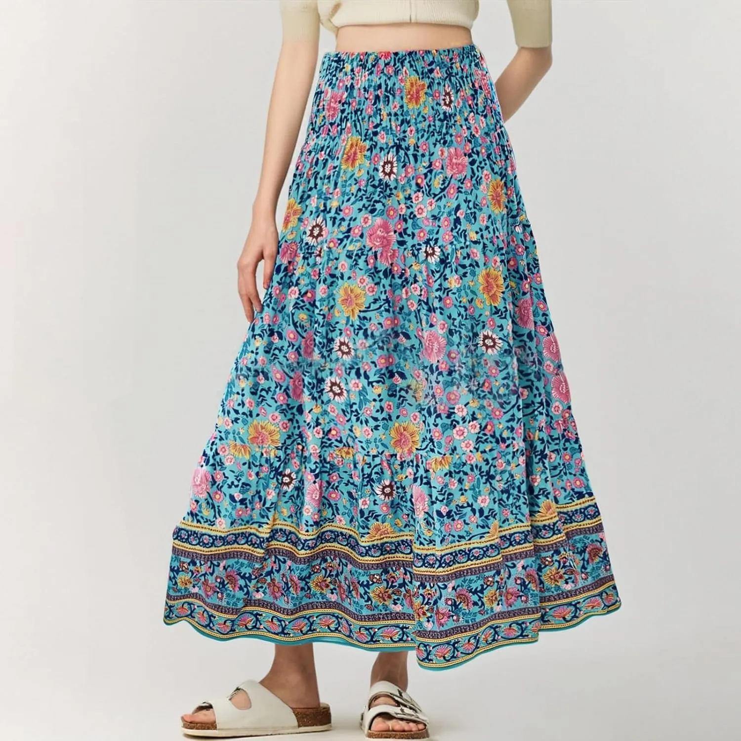 Womens Casual Boho High Waisted Flowy Maxi Skirts 2025 Summer Trendy Floral A Line Tiered Long Skirt