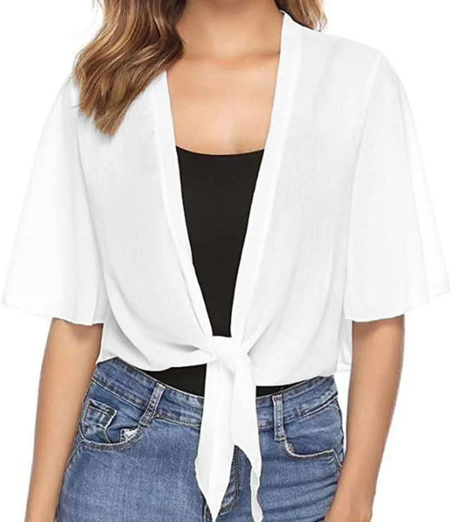 Women's Chiffon Cropped Bolero Sheer Shrugs for Dress Short Sleeve Tie Front Cardigan