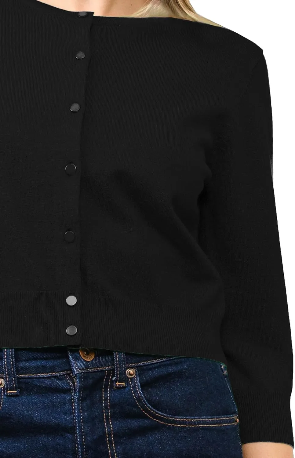 Women's Cropped Cardigan 3/4 Sleeve Crewneck Button Up Sweater Knit Top (S~XL)