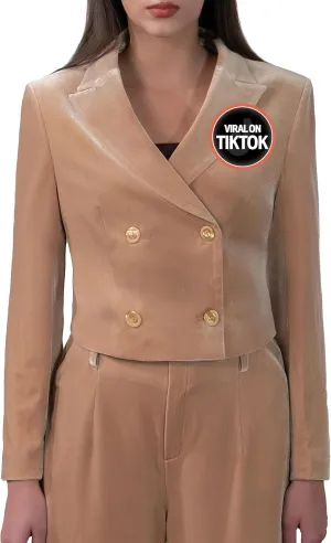 Women's Cropped Velvet Blazer  Elegant Open Front Dressy Jacket with Long Sleeves, Business Casual Blazer for Work
