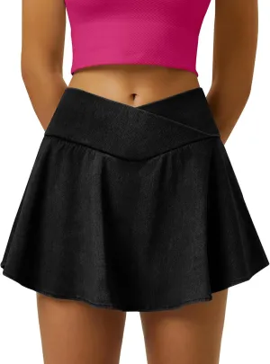 Womens Crossover Pleated Tennis Flowy Skirt Knit Denim 2 in 1 Spandex Athletic Butterfly Workout Skorts with Pocket