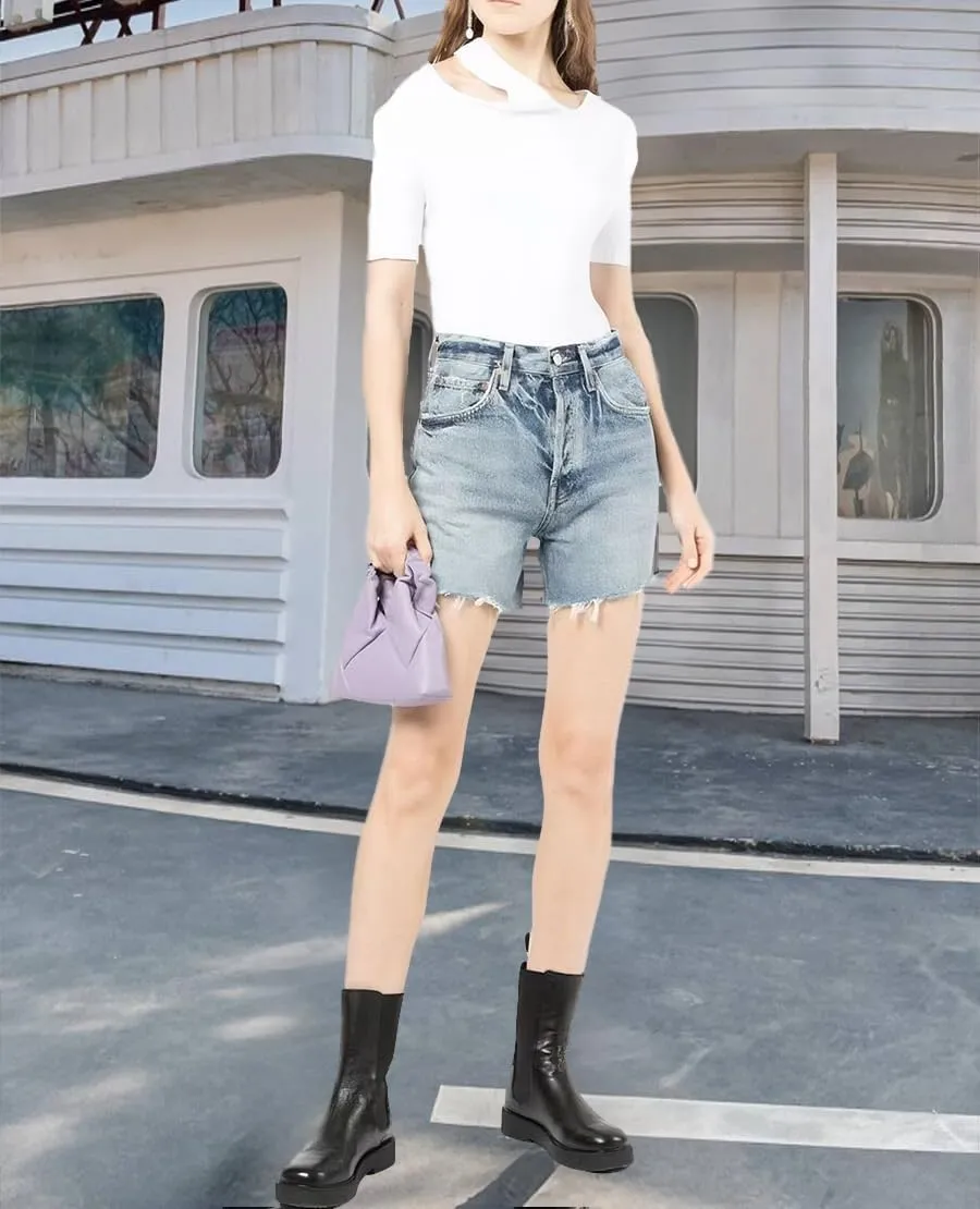 Women's Cut Off Denim Jean Shorts High Waisted Stretch Ripped Frayed Raw Hem Retro Denim Pants
