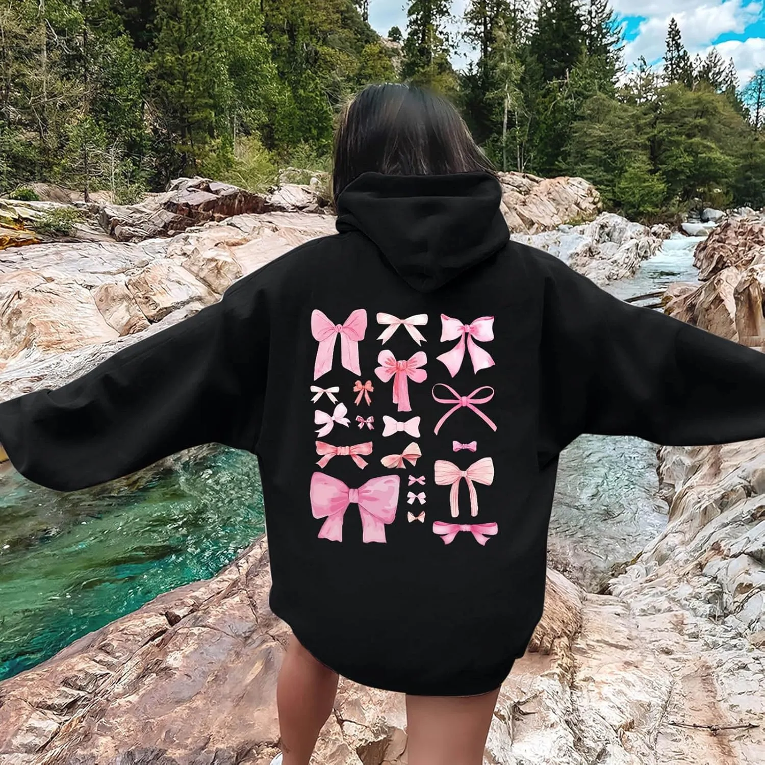 Womens Cute Hoodies Pink Hoodie Oversized Letter Print Graphic Hoodies For Women Long Sleeve Preppy Sweatshirt
