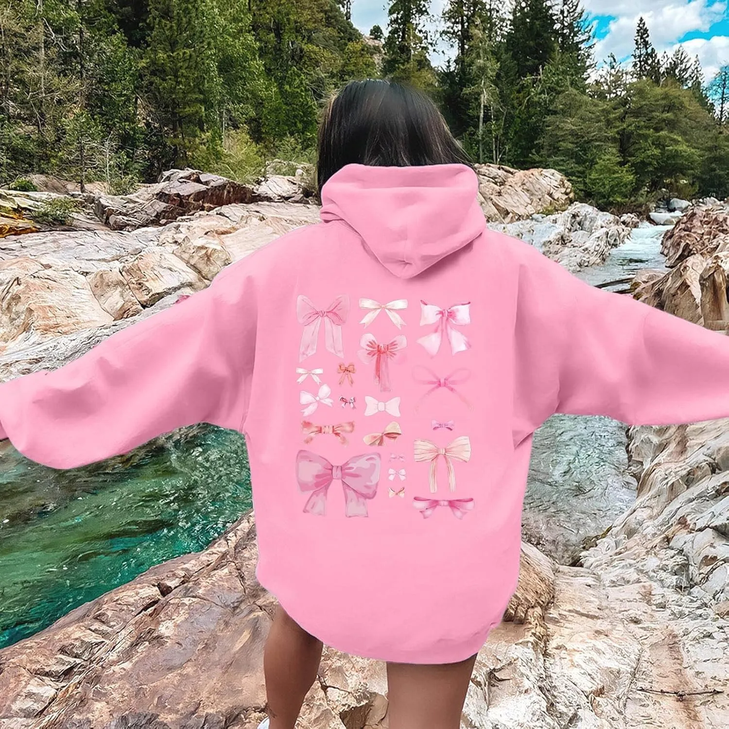 Womens Cute Hoodies Pink Hoodie Oversized Letter Print Graphic Hoodies For Women Long Sleeve Preppy Sweatshirt