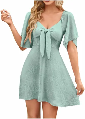 Womens Dress 2025 Spring Summer Deep V Neck Elegant Bow tie Mini Dress Twist Front Ruffle Dress Casual Flowy Tunic Mini Dress