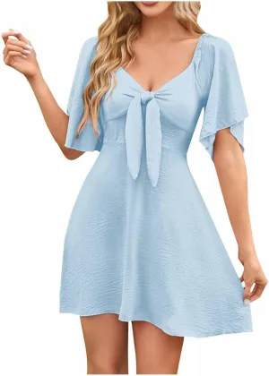 Womens Dress 2025 Spring Summer Deep V Neck Elegant Bow tie Mini Dress Twist Front Ruffle Dress Casual Flowy Tunic Mini Dress