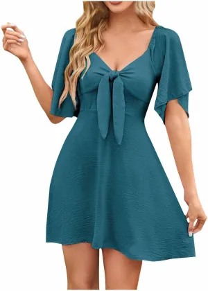 Womens Dress 2025 Spring Summer Deep V Neck Elegant Bow tie Mini Dress Twist Front Ruffle Dress Casual Flowy Tunic Mini Dress
