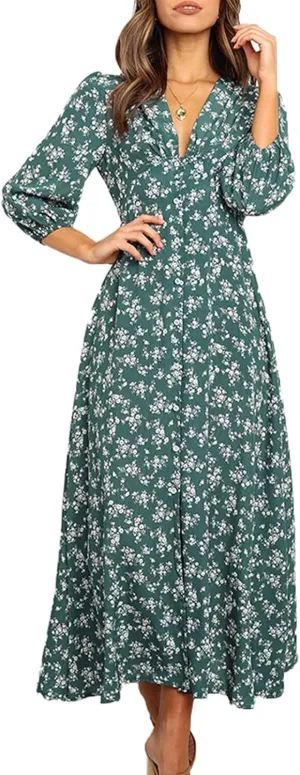 Women's Fall Dress 2024 Trendy Long Sleeve Wrap V Neck Dress Ruffle Floral Casual Maxi Dress