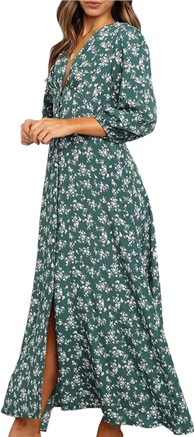 Women's Fall Dress 2024 Trendy Long Sleeve Wrap V Neck Dress Ruffle Floral Casual Maxi Dress