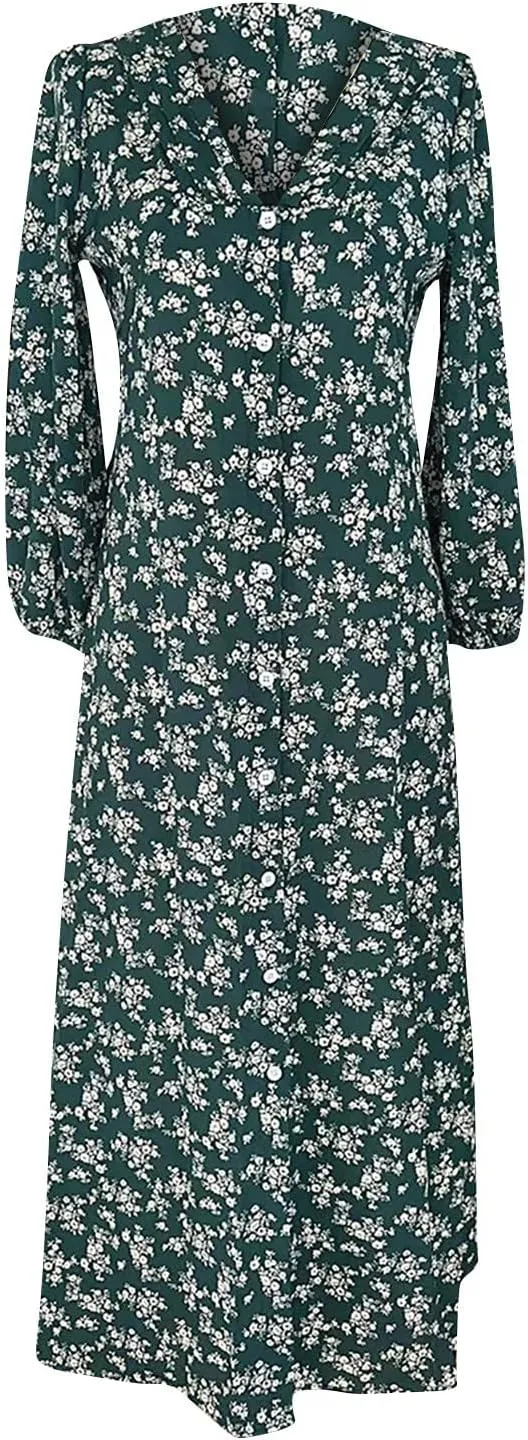 Women's Fall Dress 2024 Trendy Long Sleeve Wrap V Neck Dress Ruffle Floral Casual Maxi Dress
