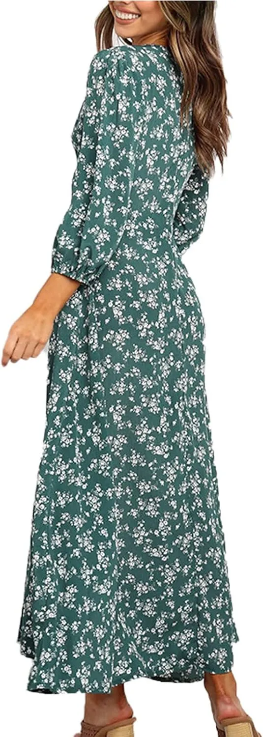 Women's Fall Dress 2024 Trendy Long Sleeve Wrap V Neck Dress Ruffle Floral Casual Maxi Dress
