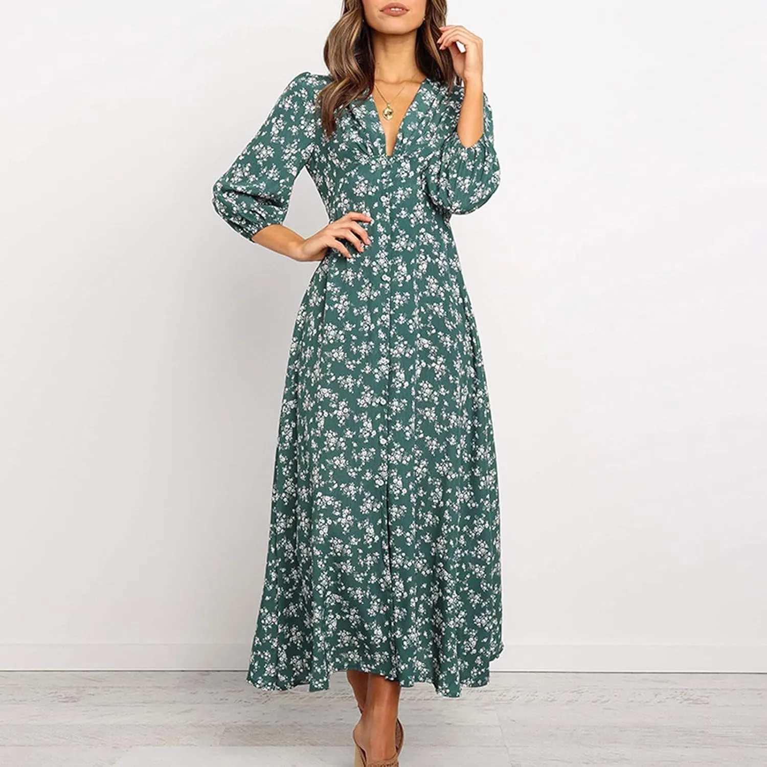 Women's Fall Dress 2024 Trendy Long Sleeve Wrap V Neck Dress Ruffle Floral Casual Maxi Dress